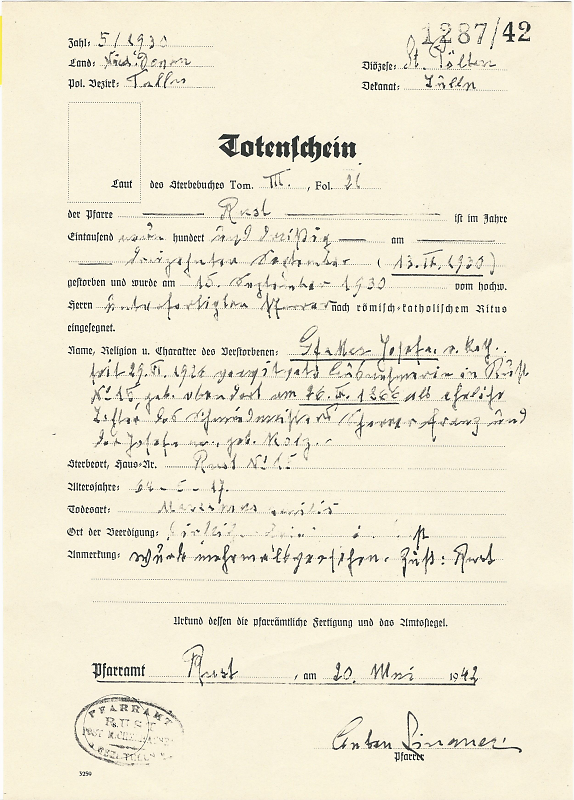 Totenschein der Pfarre Rust von Josefa Gfatter als Nachweis für den Ahnenpass (Ariernachweis